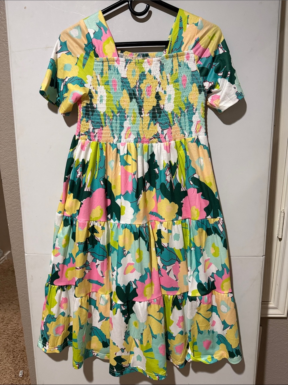 Floral Tiered Casual Dress in Pink, Green and Yellow